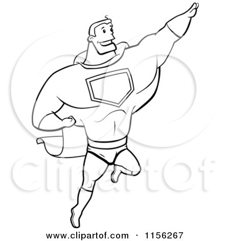 Cartoon clipart of a black and white strong super hero guy flying
