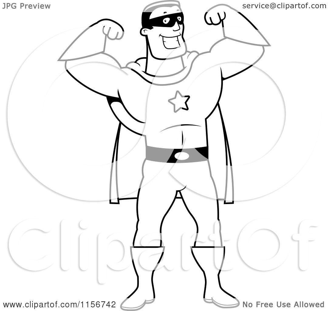Cartoon clipart of a black and white super hero flexing both arms