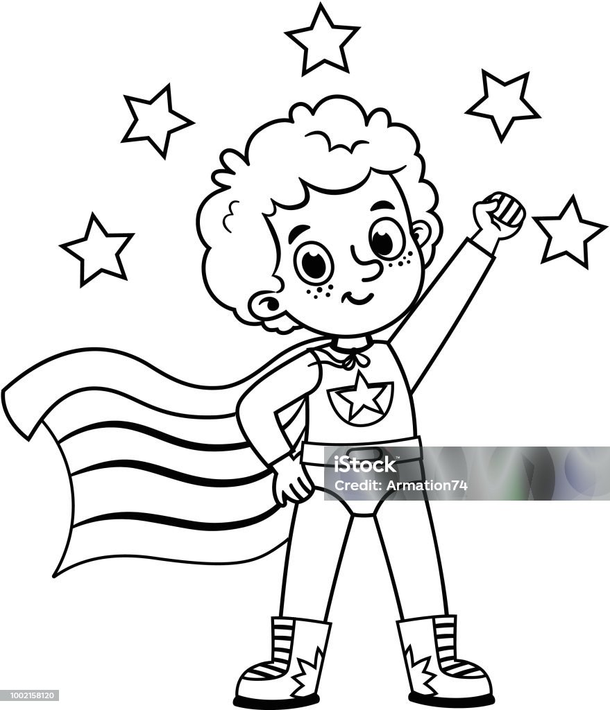 Black and white super hero character for painting activity isolated on white vector illustration stock illustration