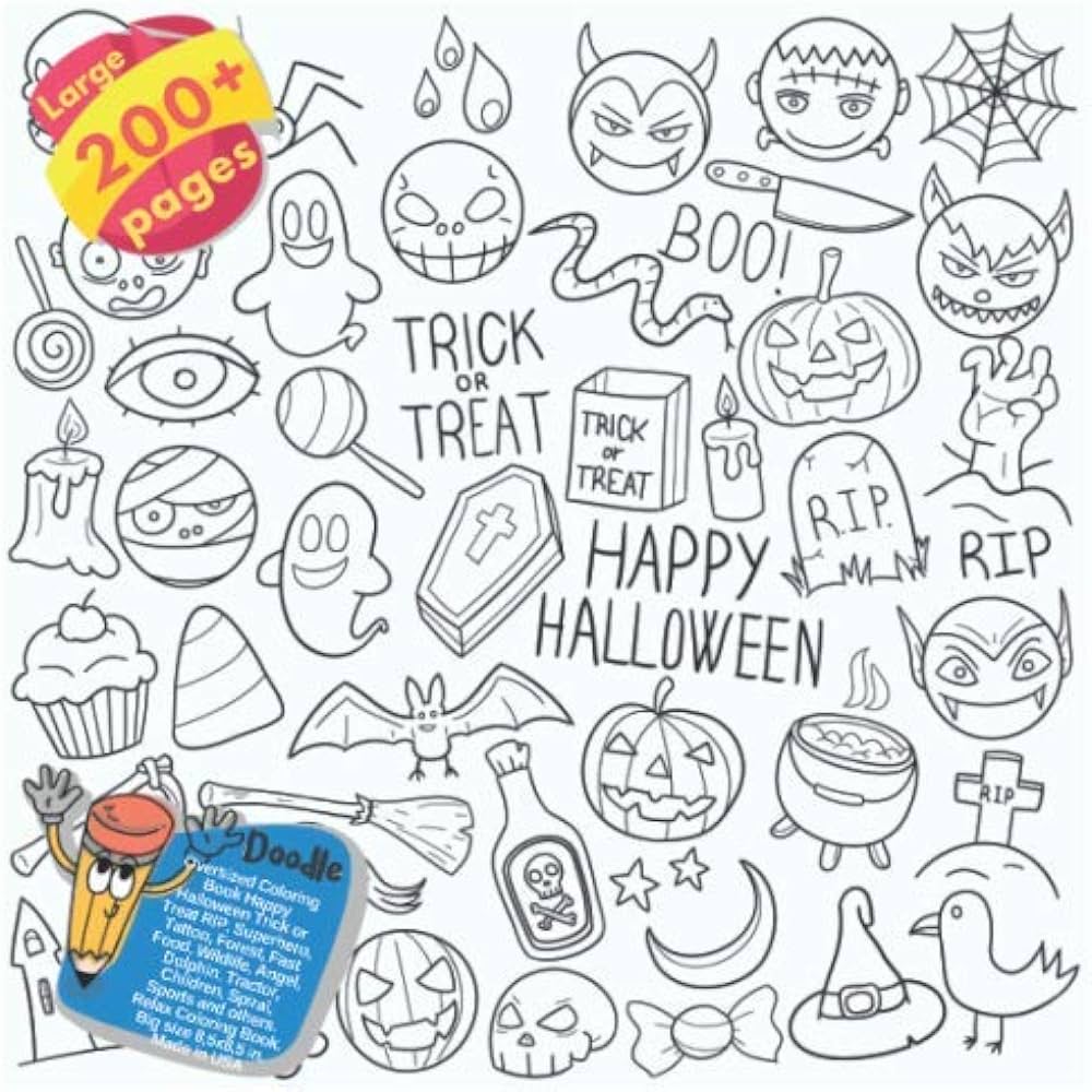Oversized coloring book happy halloween trick or treat rip superhero tattoo forest fast food wildlife angel dolphin tractor children spiral trick or treat rip and others doodle by