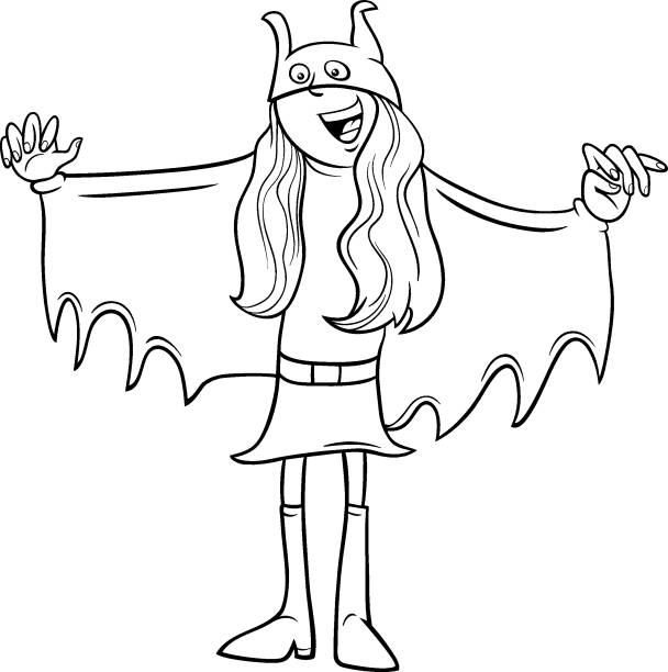 Girl in superhero costume at halloween party coloring book page stock illustration
