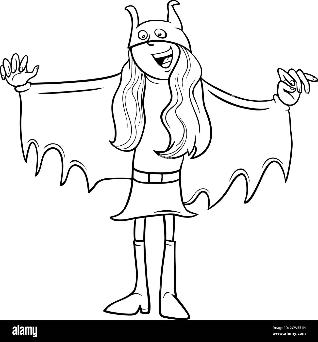 Black and white cartoon illustration of girl in superhero costume at halloween party or masked ball coloring book page stock vector image art