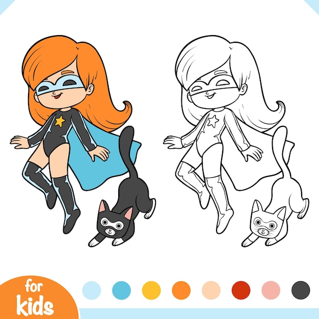 Premium vector coloring book super hero girl with a cat