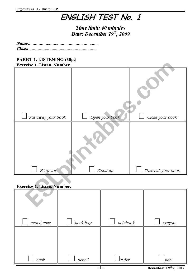 English worksheets test for superkids unit
