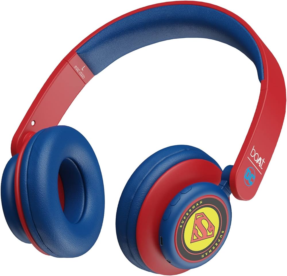 Boat rockerz superman edition bluetooth on ear headphones with mic upto hours playback mm drivers padded ear cushions tegrated controls and dual modeskrypton blue electronics