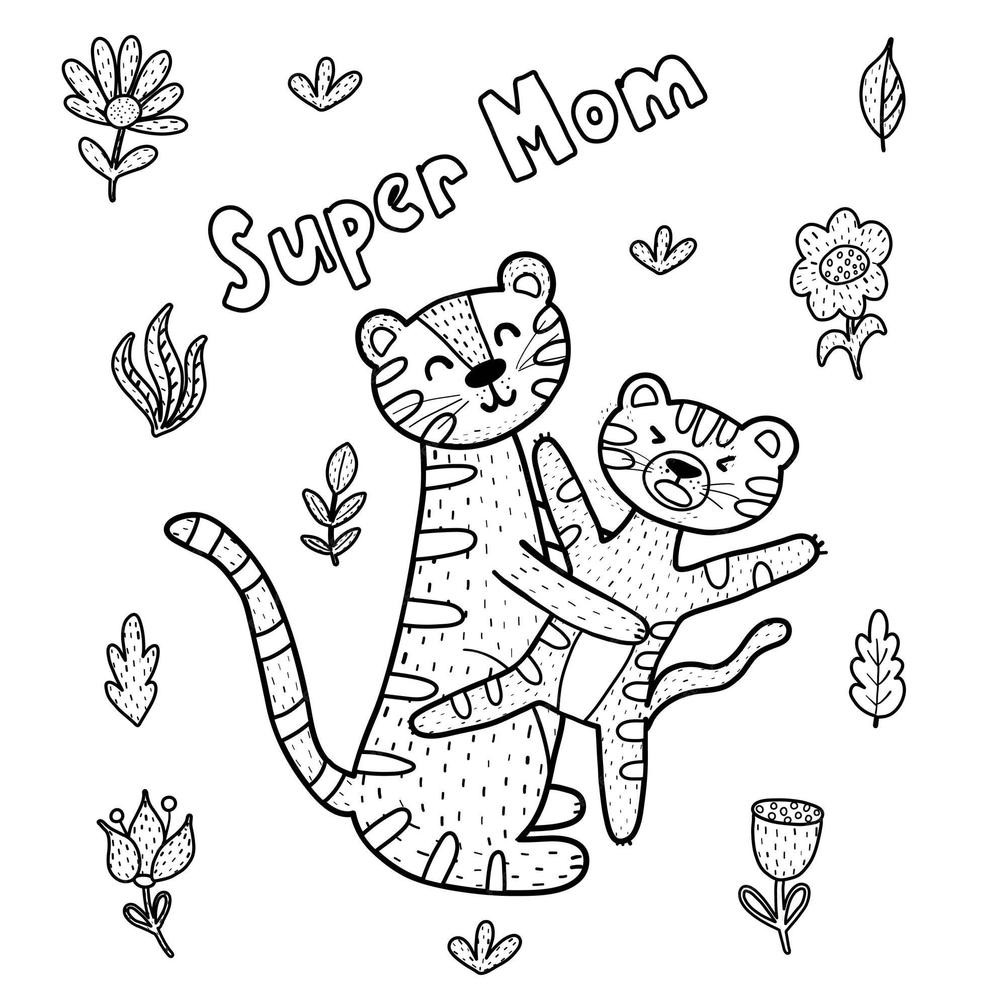 Premium vector super mom coloring page with cute tigers