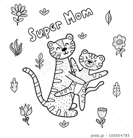 Super mom coloring page with cute tigers mommy