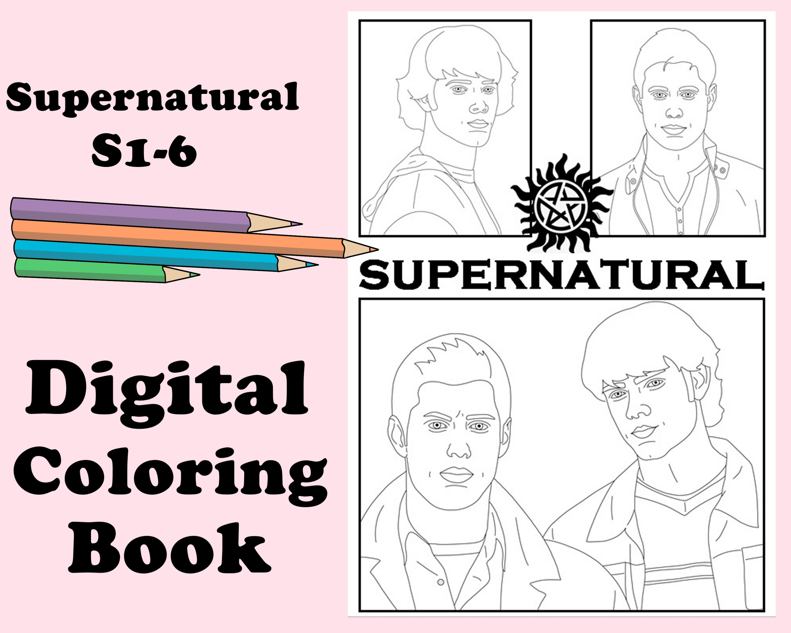 Supernatural digital coloring book instant print digital file indoor activity secret santa gift coloring pages sam dean winchester instant download