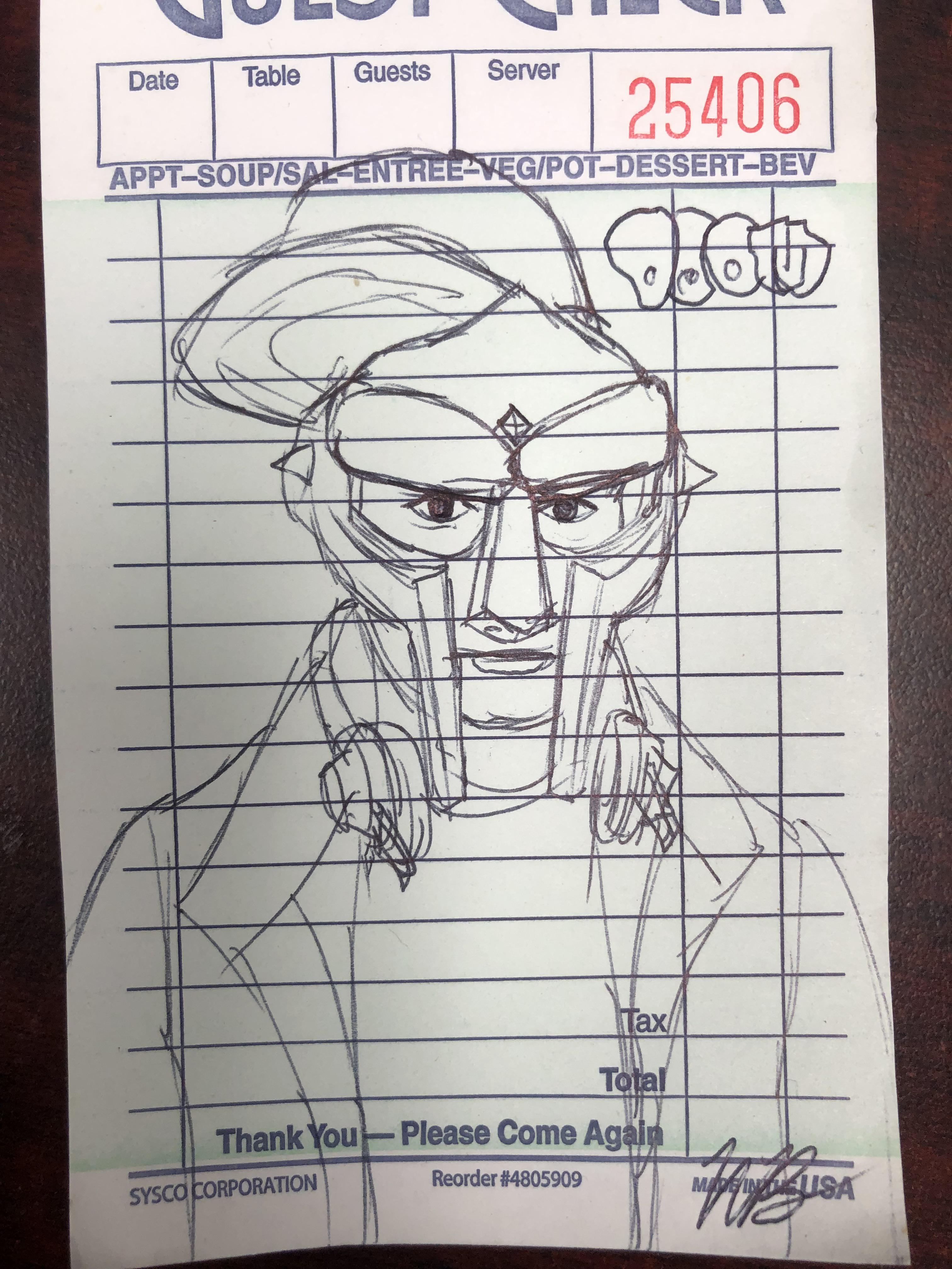 Drew a pen sketch of the supervillain rmfdoom