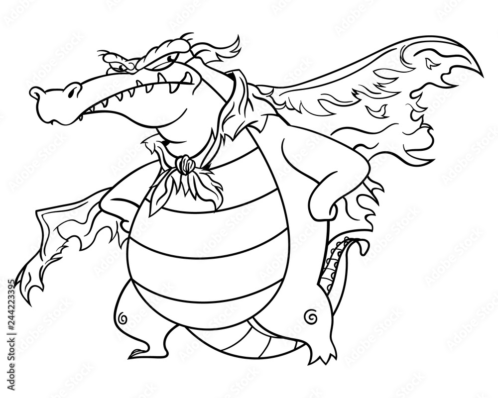 Super villain aligator stands up and poses with tattered wings and mask coloring book cartoon vector vector
