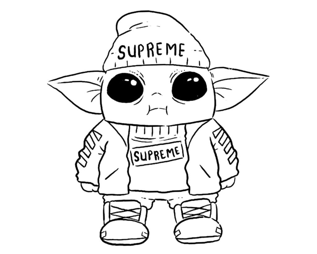 Coloring page baby yoda in a fashionable supreme suit print free