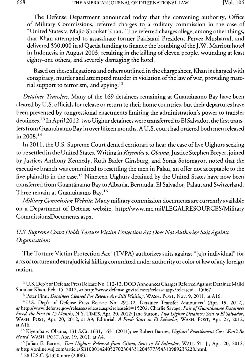 Us supreme court holds torture victim protection act does not authorize suit against anizations american journal of international law core