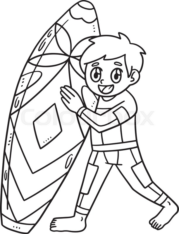Boy holding surf board isolated coloring page stock vector