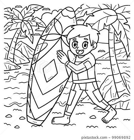 Summer boy holding surf board coloring page