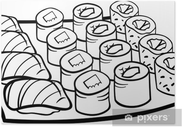 Poster sushi lunch cartoon coloring page