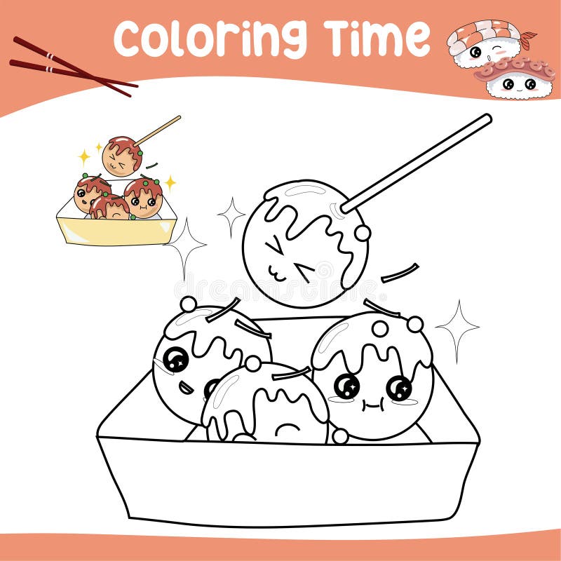 It s coloring time printable coloring page for kids with japanese signature street food kawaii takoyaki illustration file stock vector