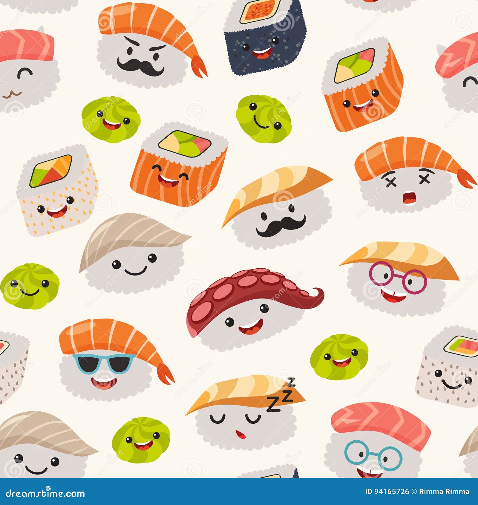 Sushi emoji seamless pattern cartoon style stock vector