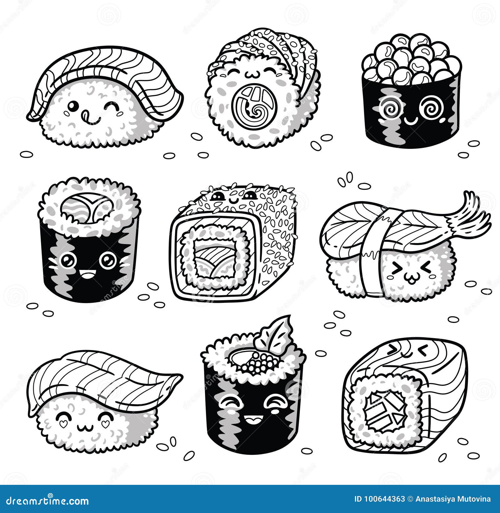 Kawaii rolls and sushi manga cartoon set in outline stock vector