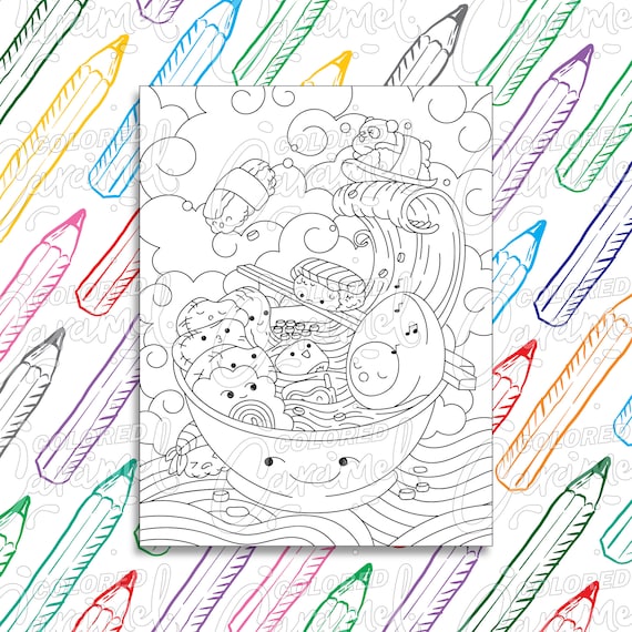 Kawaii ramen noodle wave coloring page digital download pdf with cool and funny bowl sushi panda bear drawing illustration