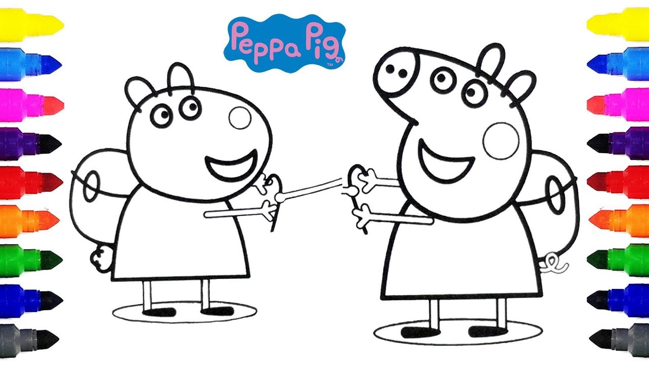 Peppa pig and suzy sheep playing coloring for kids