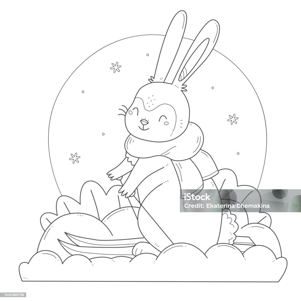 Rabbit skiing childrens coloring book happy bunny in a scarf and on skis coloring page vector black and white illustration