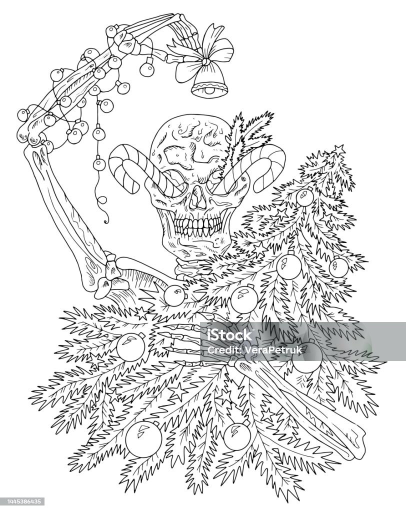 Scary vector illustration with skull in santa claus hat and christmas and new year symbols gifts decorations happy krampus or halloween concept black and white line art for coloring page