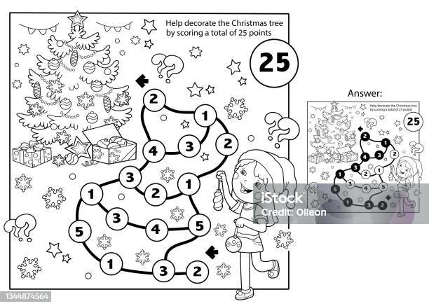 Math addition game puzzle for kids maze coloring page outline of cartoon girl decorating the christmas tree new year christmas coloring book for children