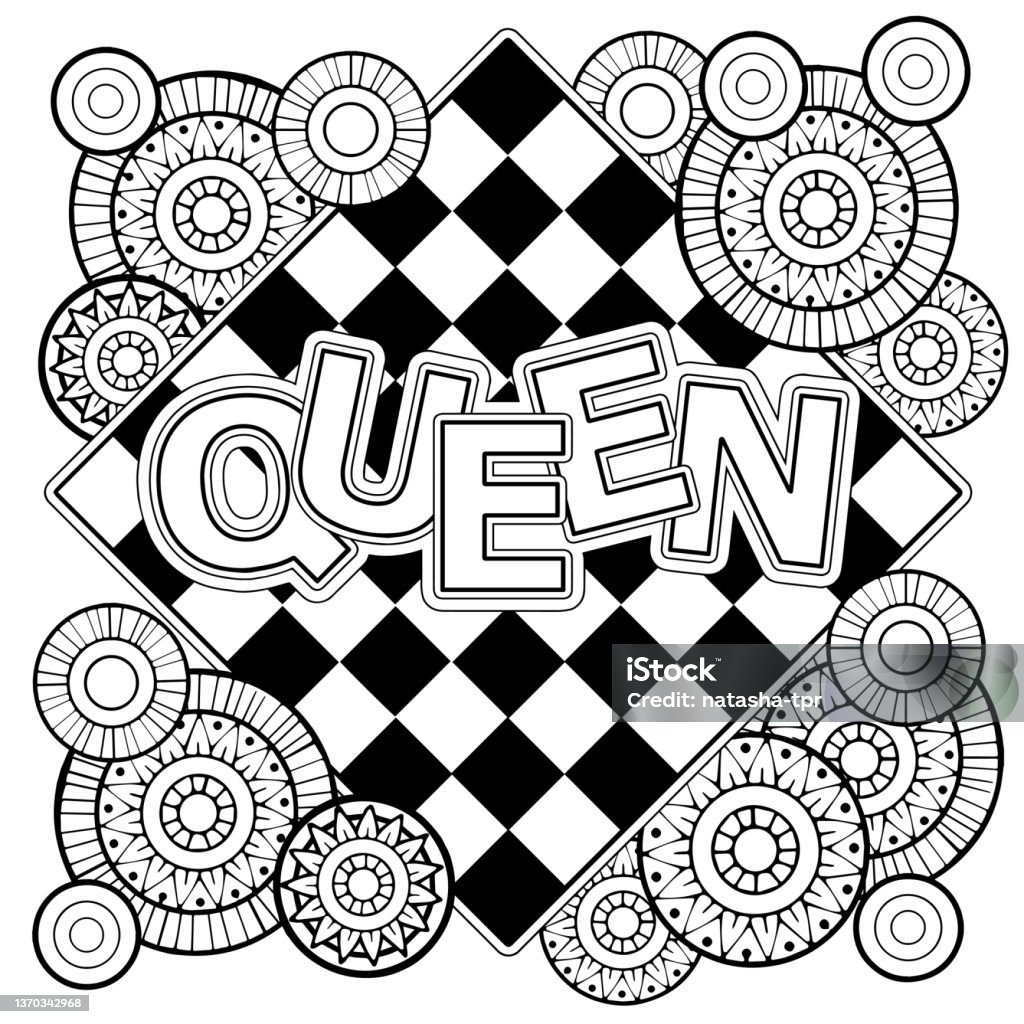 Vector coloring page for adults queen of chess black and white mandala on a chess board