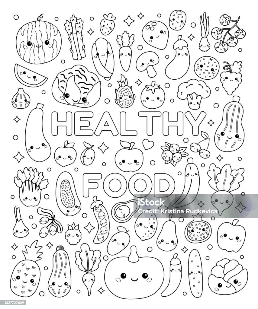 Doodle coloring page with cute vegetables and fruits