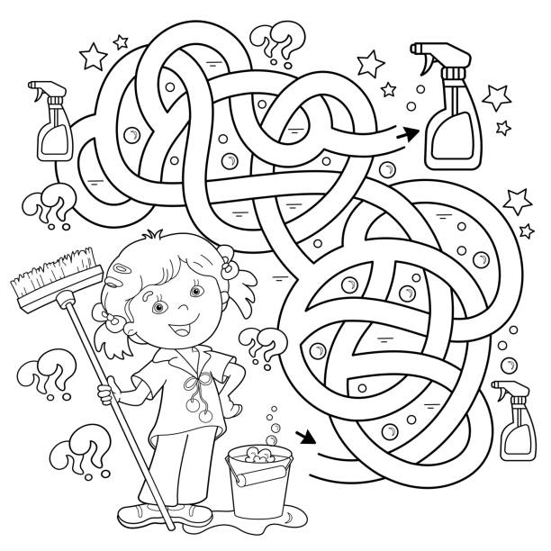 Maze or labyrinth game puzzle tangled road coloring page outline of cartoon girl with mop and bucket housework and cleaning coloring book for kids