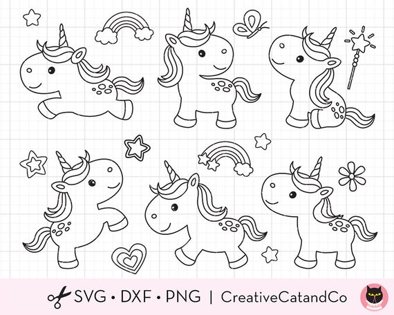 Unicorn coloring svg clip art baby unicorn outline line art for kid birthday party coloring activity digital stamp svg dxf png clipart instant download