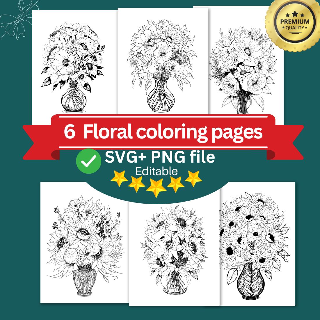 Flower drawing floral coloring pages bundle for adults svg and png