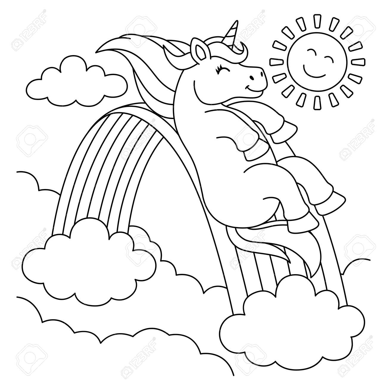 Unicorn sliding over the rainbow coloring page royalty free svg cliparts vectors and stock illustration image