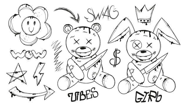 Premium vector set of graffiti spray art collection of bear and rabbit in urban style crown and text arrow