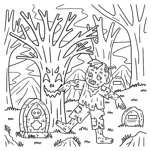 Premium vector a cute and funny coloring page of a zombie under a spooky tree provides hours of coloring fun for children to color this page is very easy suitable for