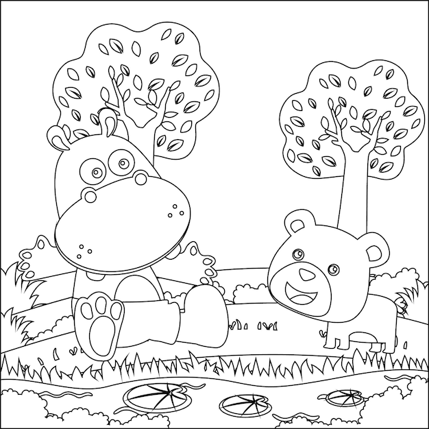 Premium vector cute little hippo and bear play around swamp creative vector colouring book or page