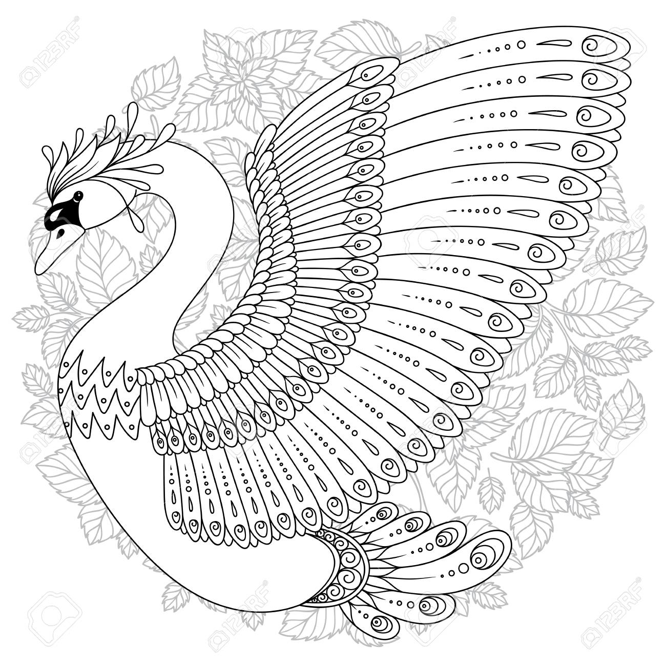 Hand drawing artistic swan for adult coloring pages in doodle tribal style ethnic ornamental patterned tattoo logo t