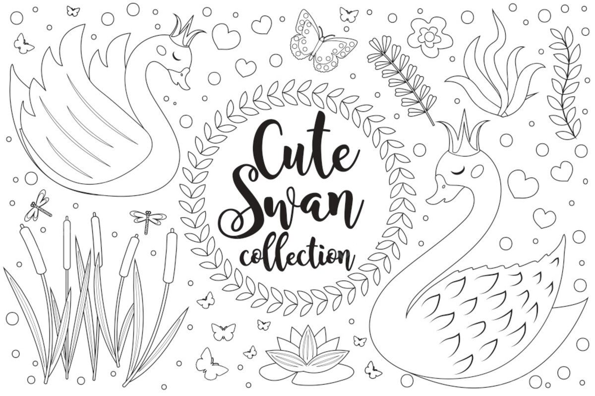 Cute swan set coloring book page for kids template download on