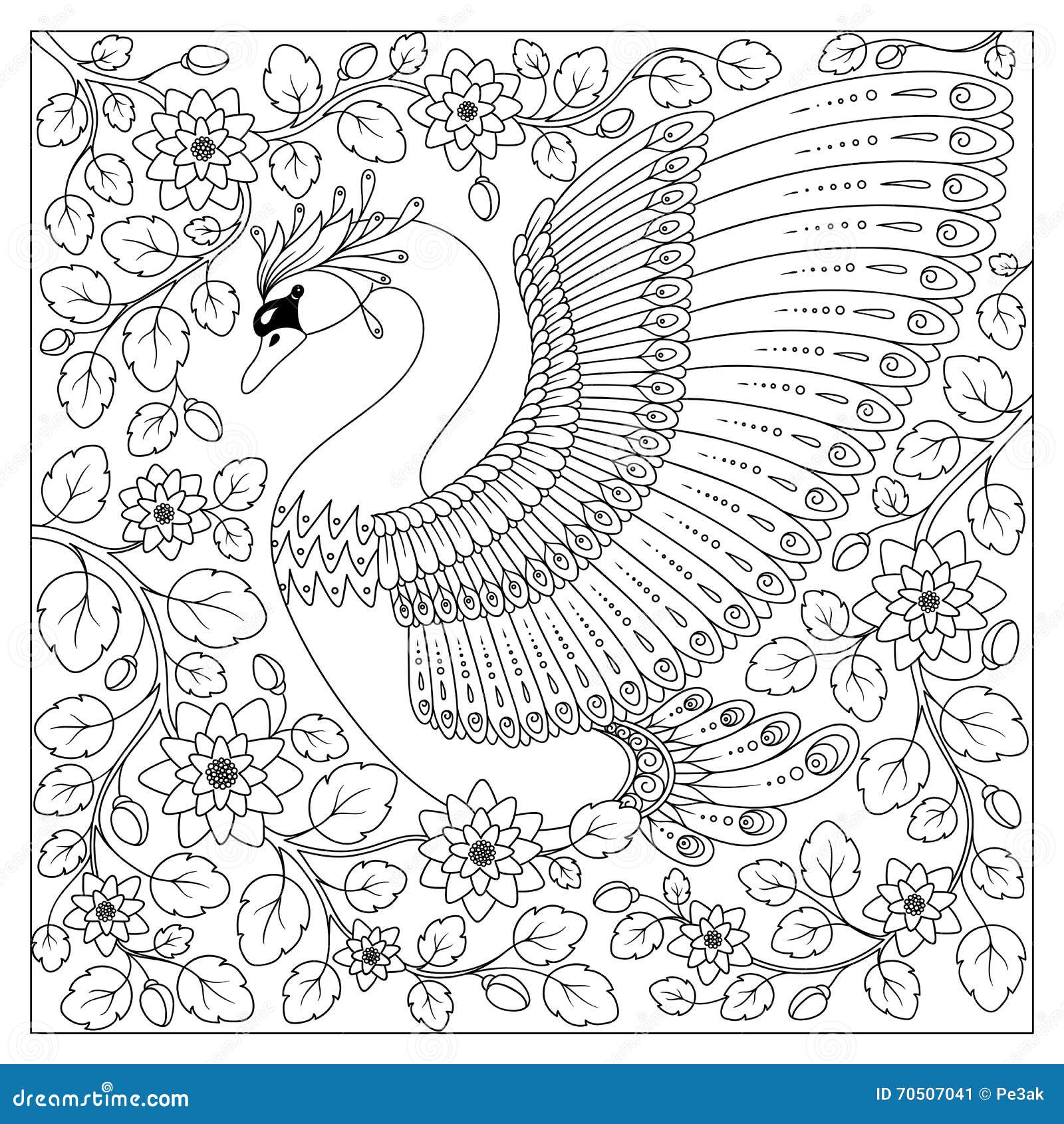 Hand drawing artistic swan in flowers for adult coloring pages stock illustration