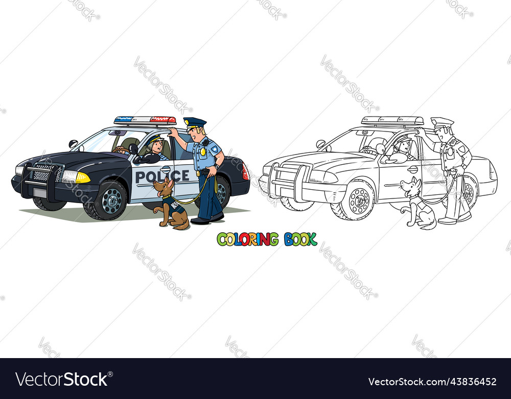 Police officers and car coloring book royalty free vector