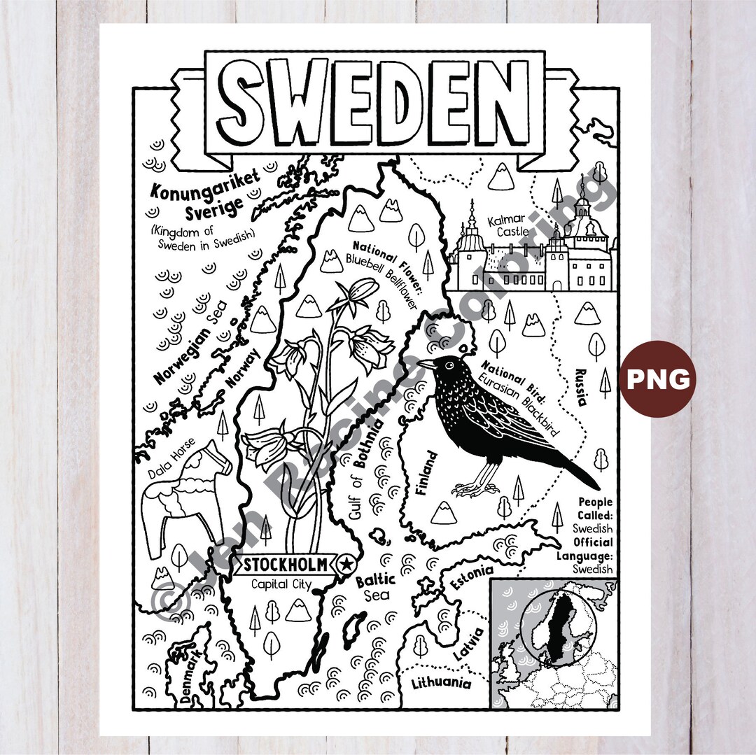 Sweden coloring page geography of europe digital download coloring page
