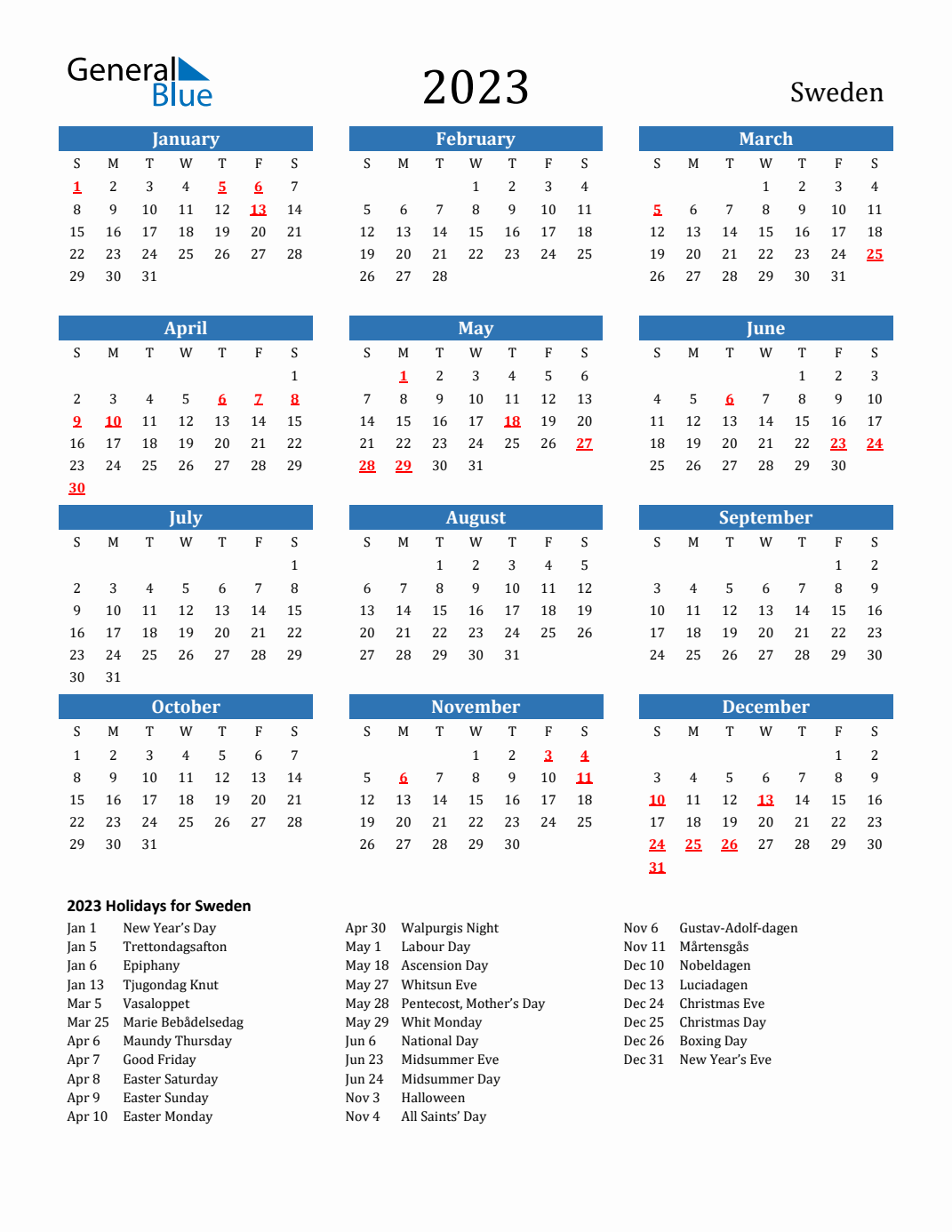 Sweden calendar with holidays