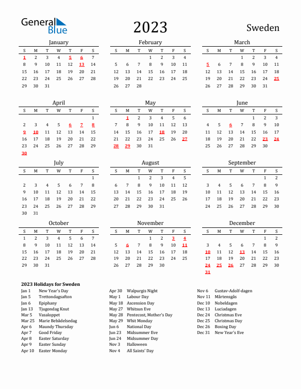 Sweden calendar with holidays