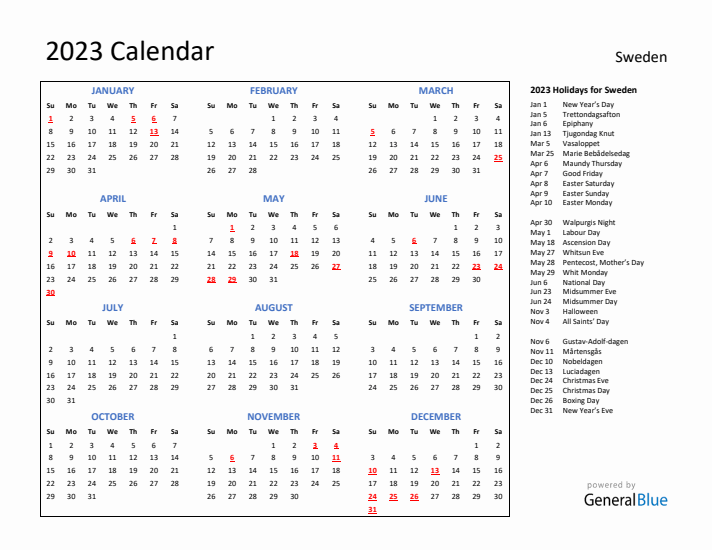 Sweden calendar with holidays