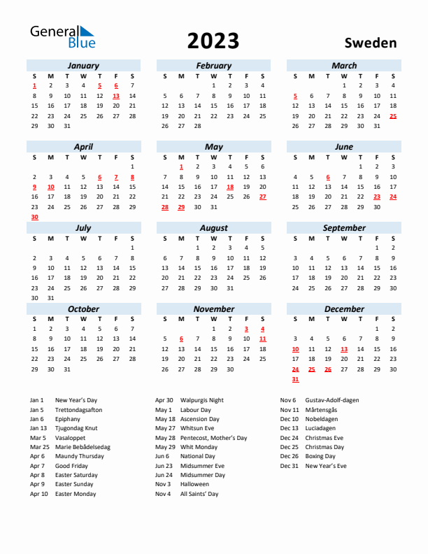 Sweden calendar with holidays