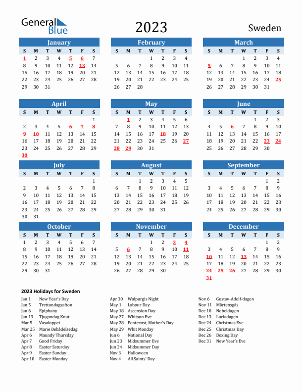 Sweden calendar with holidays