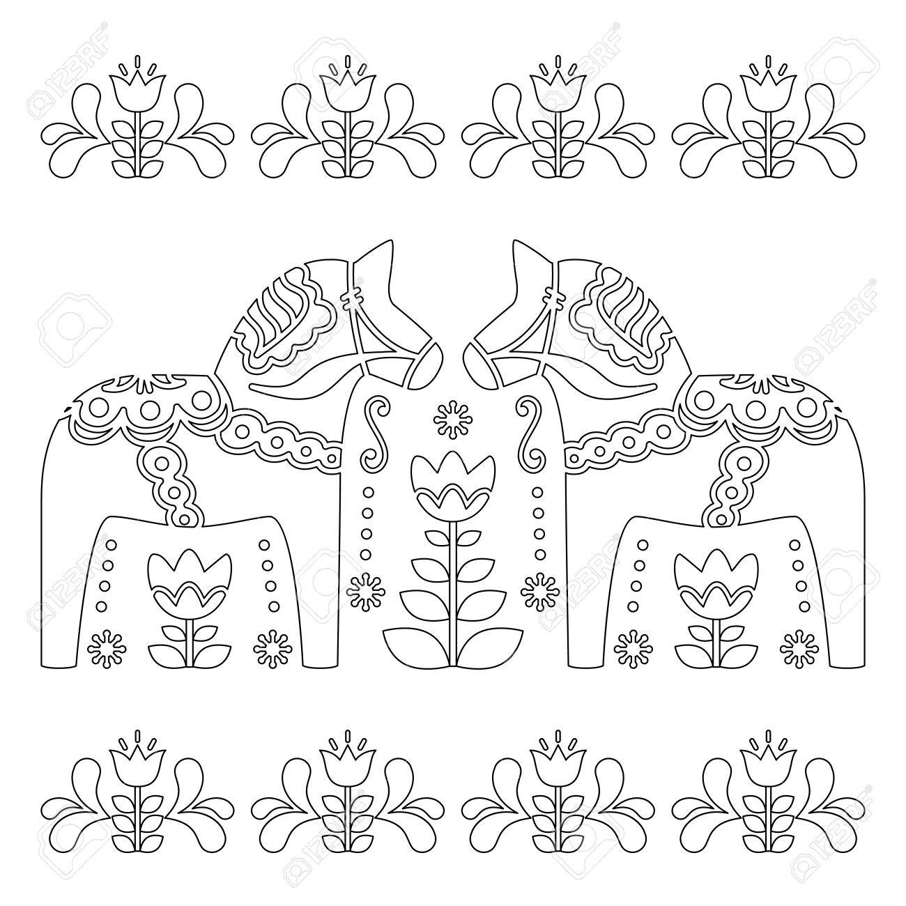 Scandinavian outline vector design swedish dala or dalecarlian horse pattern coloring book for adults royalty free svg cliparts vectors and stock illustration image