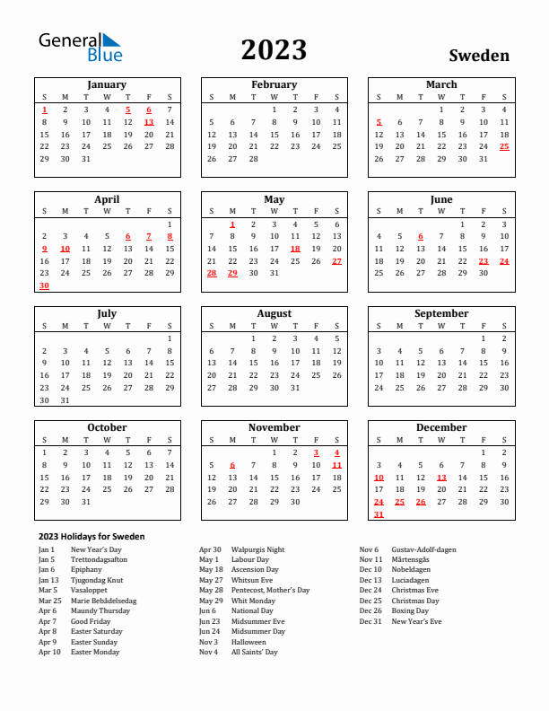 Sweden calendar with holidays