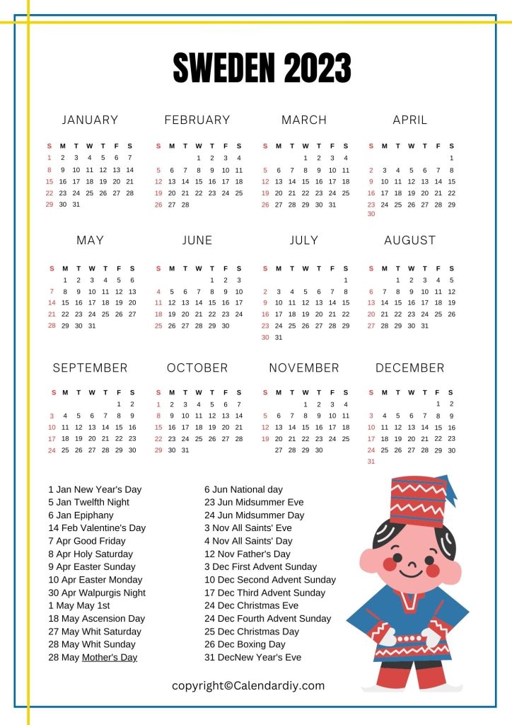 Free printable sweden calendar with public holidays