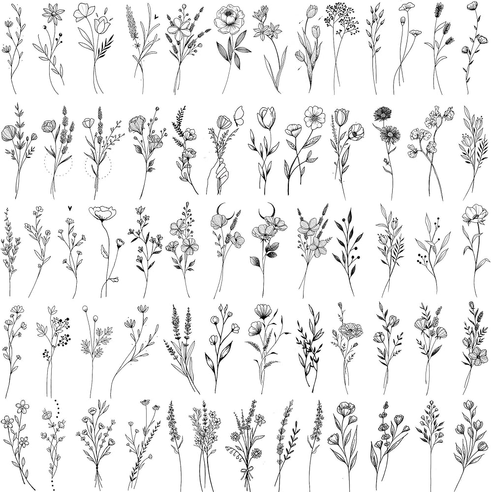 Sheets fanrui tiny branch black flower temporary tattoos for women girl floral bouquet small tattoo temporary wild plant lavender sweet pea larkspur fake tatoo adults face hands kids kit
